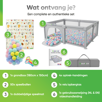 Grondbox - Baby Speelbox met 50 x Speelballen - Kinderbox - Kinderbox - 180x150cm - Grijs