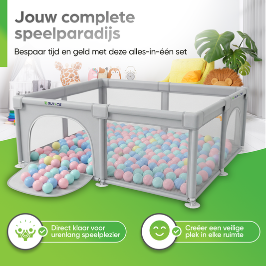 Grondbox - Baby Speelbox met 50 x Speelballen - Kinderbox - Kinderbox - 180x150cm - Grijs